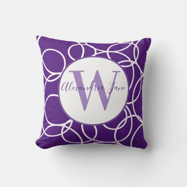 Monogram White Circles Purple Modern Abstract Throw Pillow (Front)
