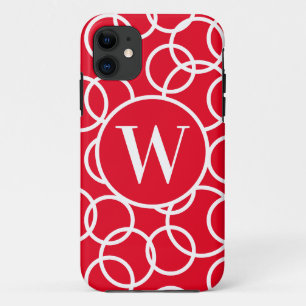 Monogram White Circles Red Modern Abstract iPhone 11 Case