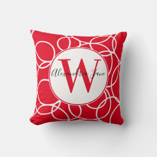 Monogram White Circles Red Modern Abstract Throw Pillow
