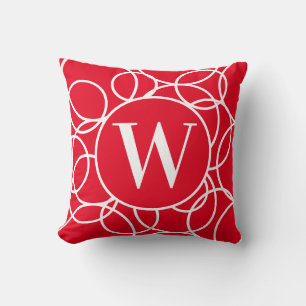 Monogram White Circles Red Modern Abstract Throw Pillow