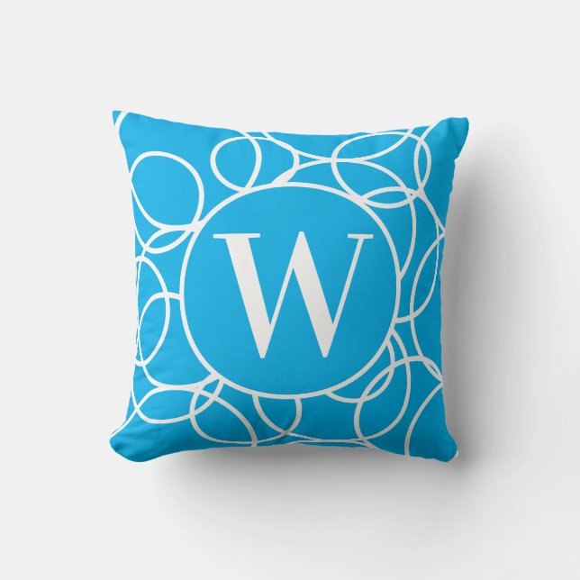 Monogram White Circles Sky Blue Modern Abstract Throw Pillow (Front)