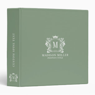 Monogram white crest scrolls crown on green binder