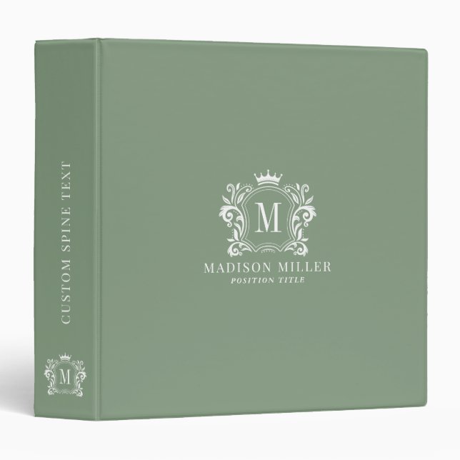 Monogram white crest scrolls crown on green binder (Front/Spine)