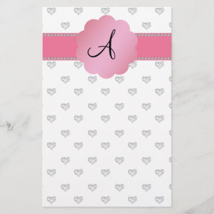 Monogram white diamonds hearts stationery