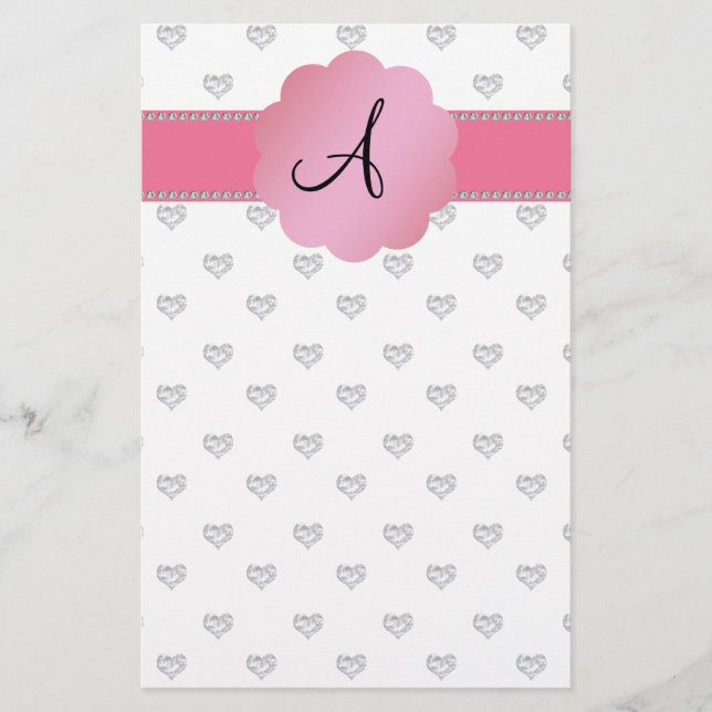 Monogram white diamonds hearts stationery (Front)