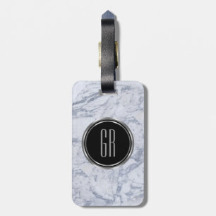 Monogram White Faux Marble Stone Pattern Luggage Tag
