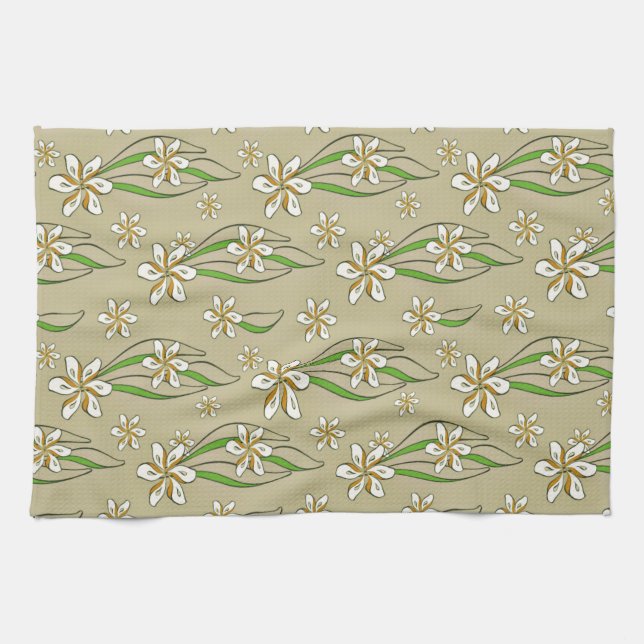 Monogram white floral Beige background Kitchen Towel (Horizontal)