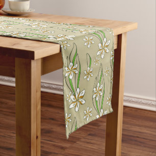 Monogram white floral Beige background Long Table Runner