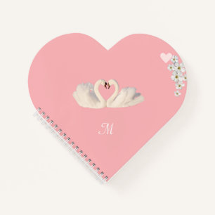 Monogram White Flowers and Swans on Light Pink Notebook