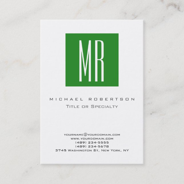 Monogram White Forest Green Clean Business Card (Front)
