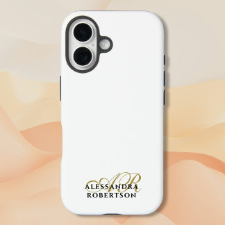 Monogram White Gold Black Name Elegant Minimalist  iPhone 16 Case