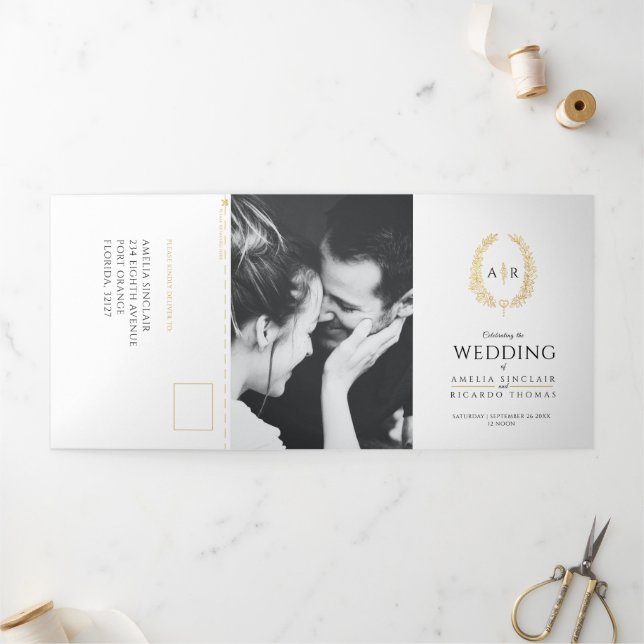 Monogram white gold black wedding meal option RSVP Tri-Fold Invitation (Outside)