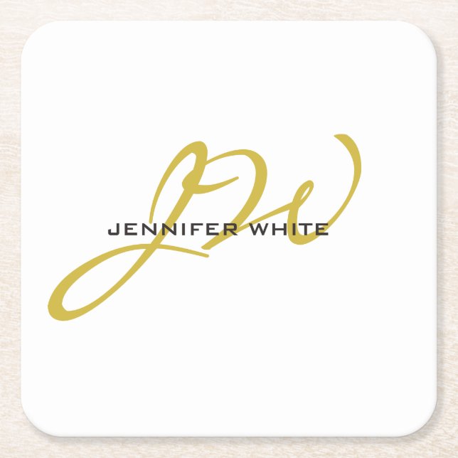 Monogram White Gold Colour Plain Modern Minimalist Square Paper Coaster (Front)