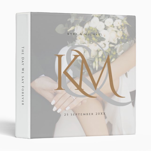 Monogram White Gold Custom Photo Wedding Album Binder (Front/Spine)