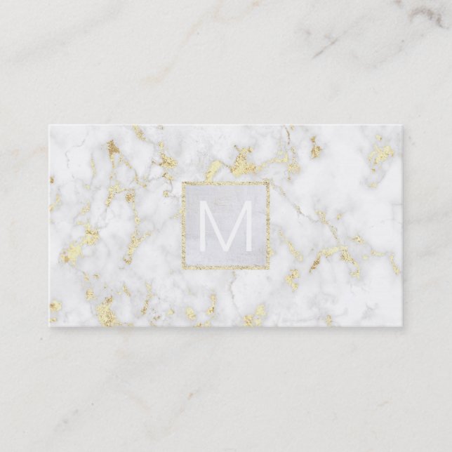 monogram white gold marble business card (Front)