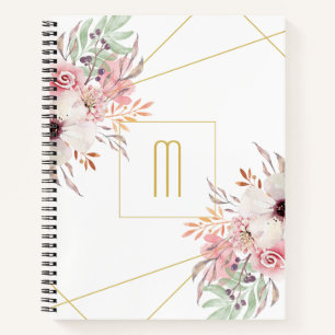 Monogram White Gold Pink Floral Notebook