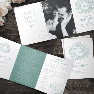 Monogram white green leaves wedding all-in-one Tri-Fold invitation