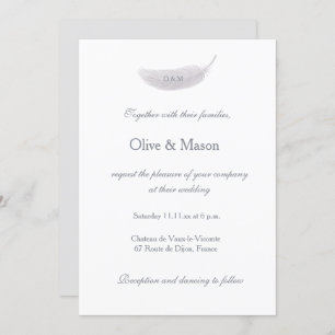 Monogram White Grey Angel Feather Elegant Wedding Invitation