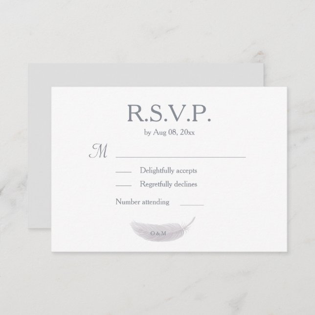 Monogram White Grey Angel Feather Wedding RSVP Invitation (Front/Back)