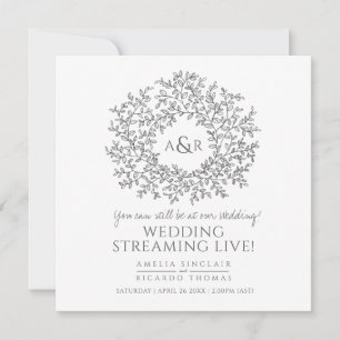 Monogram white grey leaves wedding live stream announcement