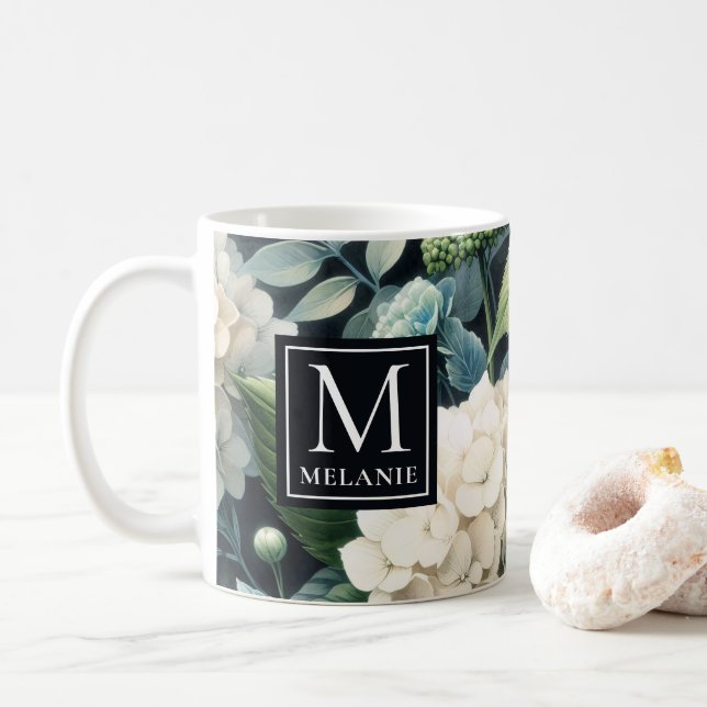 Monogram White Hydrangea Custom Name Coffee Mug (With Donut)