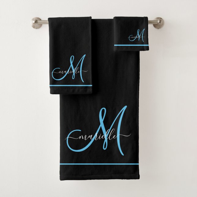 Monogram White Initial Blue Script Name  Bath Towel Set (Insitu)