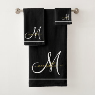 Monogram White Initial Gold Script Name Bath Towel Set