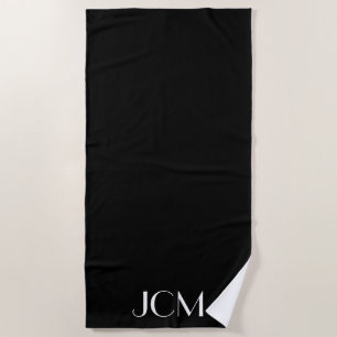 Monogram White Initials / Name on Black Beach Towel