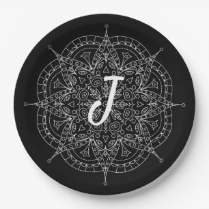 Monogram White Lace On Black Paper Plate