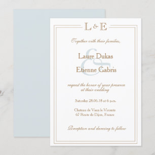 Monogram white light blue ampersand modern wedding invitation