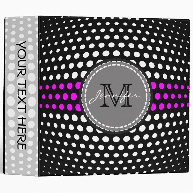Monogram White & Magenta Polka Dots Pattern Binder (Front/Spine)