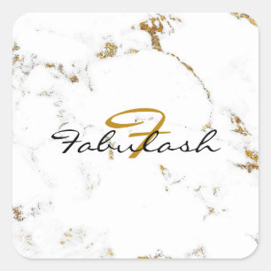 Monogram White Marble Gold Glitter Name Square Sticker