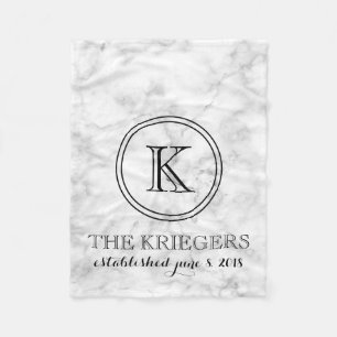 Monogram White Marble Wedding Date Anniversary Fleece Blanket