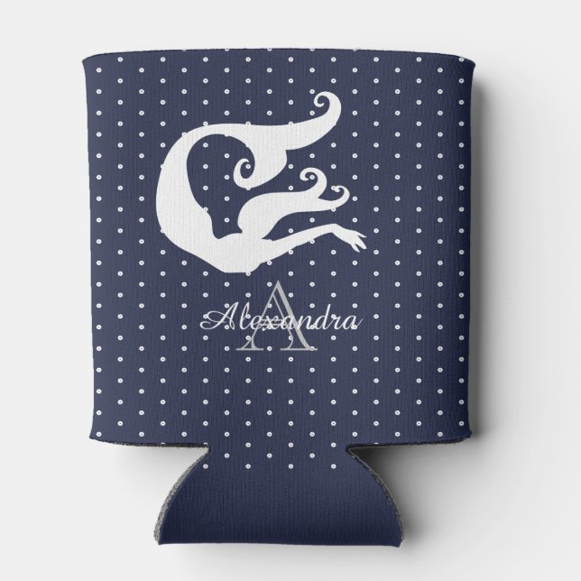 Monogram white mermaid on navy blue can cooler (Back)