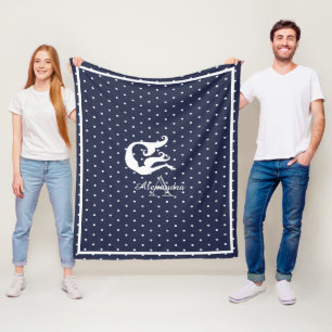 monogram White mermaid on Navy blue   Fleece Blanket