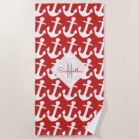Monogram, White Nautical Anchor Pattern on Red