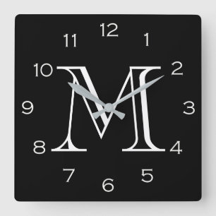 Monogram White Numbers On Black wccn Square Wall Clock