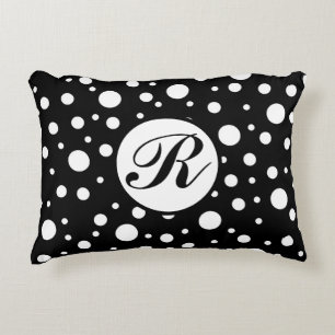 Monogram White on Black Polka Dot Pattern Accent Pillow