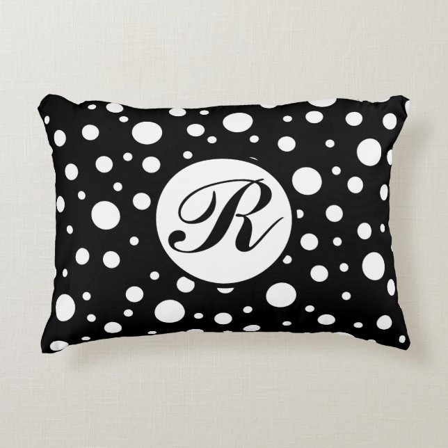 Monogram White on Black Polka Dot Pattern Accent Pillow (Front)