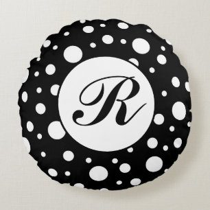 Monogram White on Black Polka Dot Pattern Round Pillow
