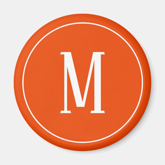 Monogram White on Bright Orange Round Magnet (Front)