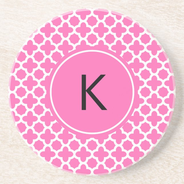 Monogram White on Hot Pink Quatrefoil Pattern Coaster (Front)