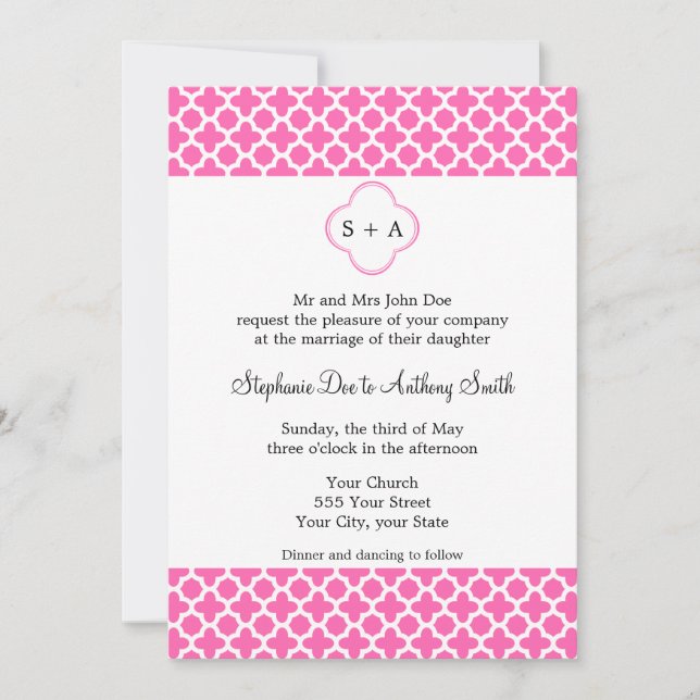 Monogram White on Hot Pink Quatrefoil Pattern Invitation (Front)