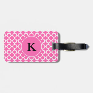 Monogram White on Hot Pink Quatrefoil Pattern Luggage Tag