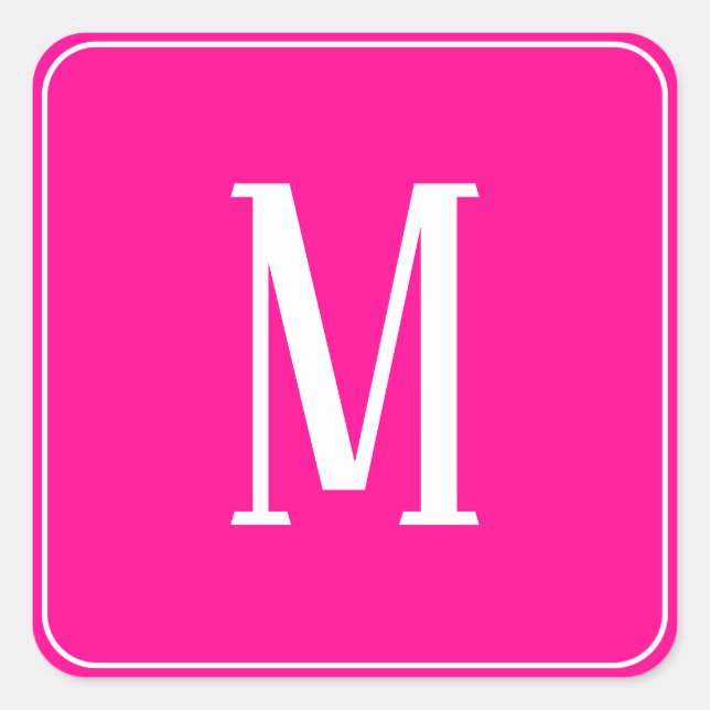 Monogram White on Hot Pink Square Sticker (Front)
