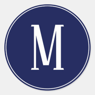 Monogram White on Navy Blue Round Sticker