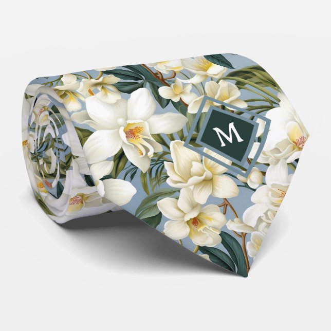 Monogram White Orchids Orchid Floral Flowers  Tie (Rolled)