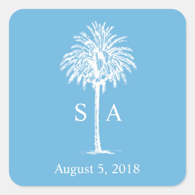 Monogram White Palm Tree Beach Wedding Sticker (Front)