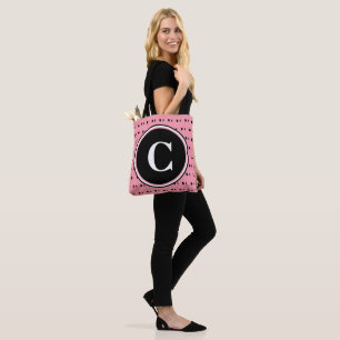 Monogram White Pink Black Polka Dots Tote Bag