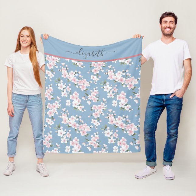 Monogram White Pink Blue Floral Flower Shabby Chic Fleece Blanket (In Situ)